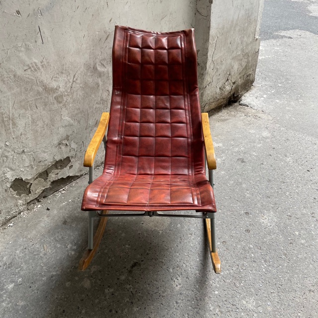Takashi Nii red folding rocking modernist leather chair chrome mid century vintage