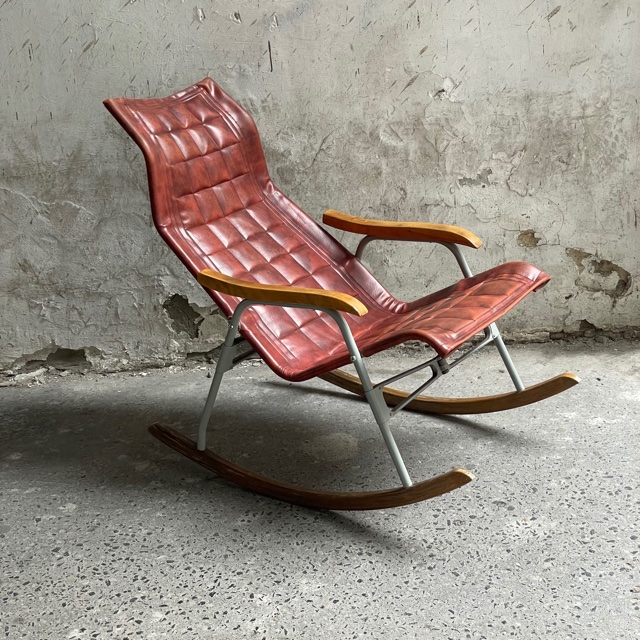 Takashi Nii red folding rocking modernist leather chair chrome